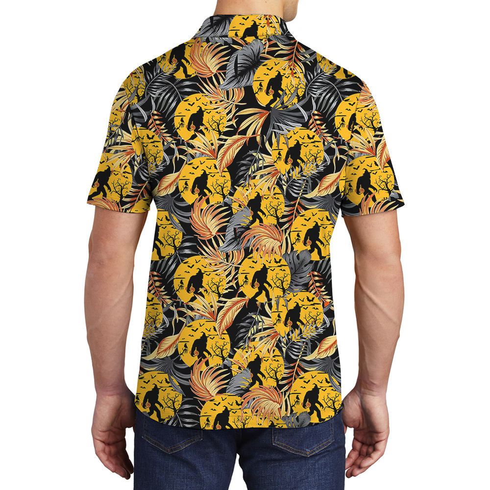 Halloween Sasquatch Orange Tropical Hawaiian Polo Golf Shirt
