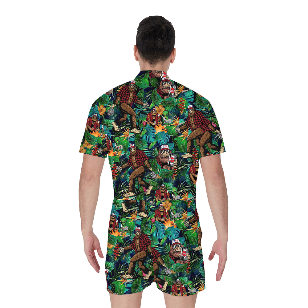 Funny Alien Bigfoot Beer Tropical Green Hawaiian Romper For Men