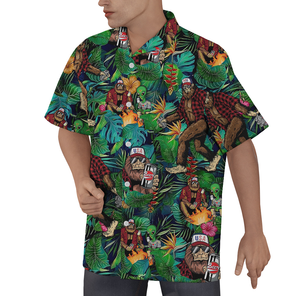Tropical Alien Bigfoot And Beer Hawaiian Shirt