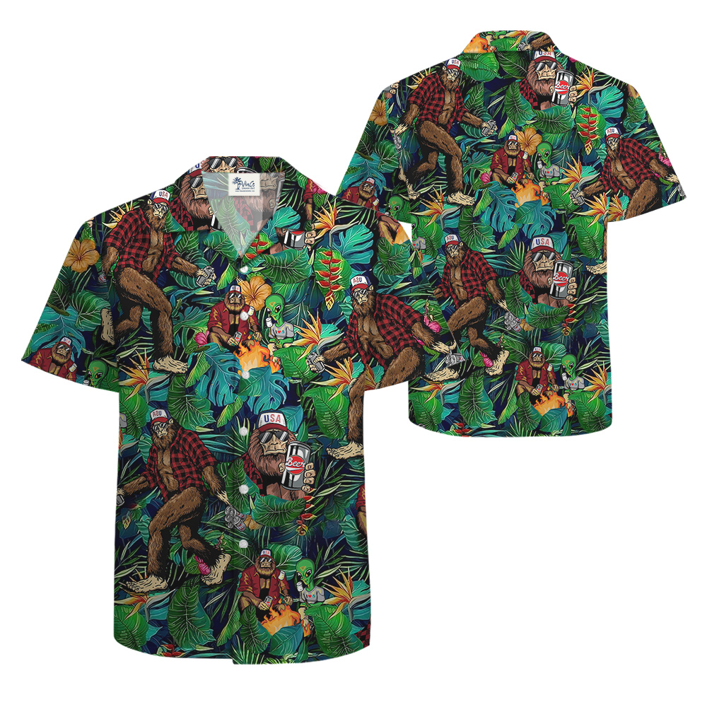 Tropical Alien Bigfoot And Beer Hawaiian Shirt