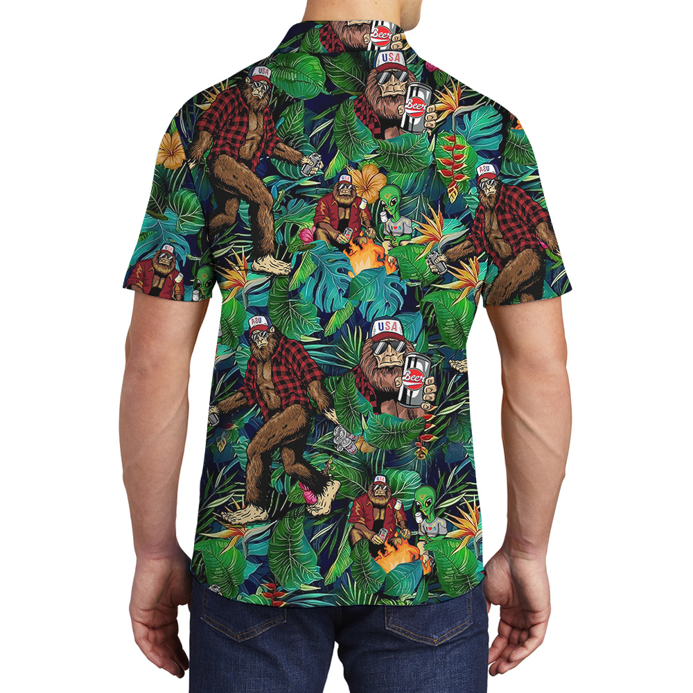 Funny Alien Bigfoot Beer Tropical Green Hawaiian Polo Golf Shirt For Men