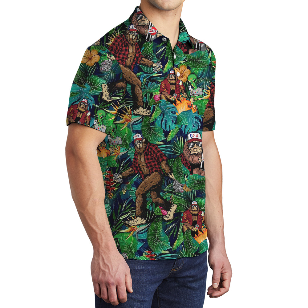 Funny Alien Bigfoot Beer Tropical Green Hawaiian Polo Golf Shirt For Men