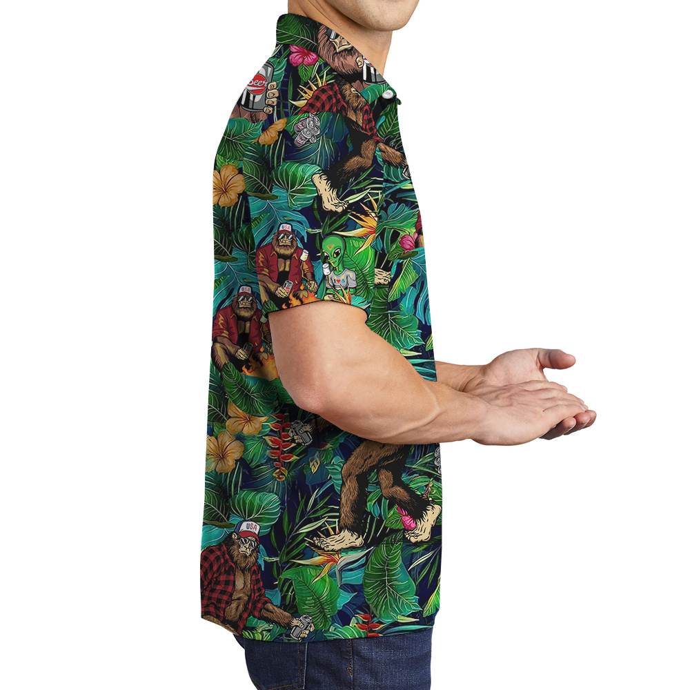 Funny Alien Bigfoot Beer Tropical Green Hawaiian Polo Golf Shirt For Men