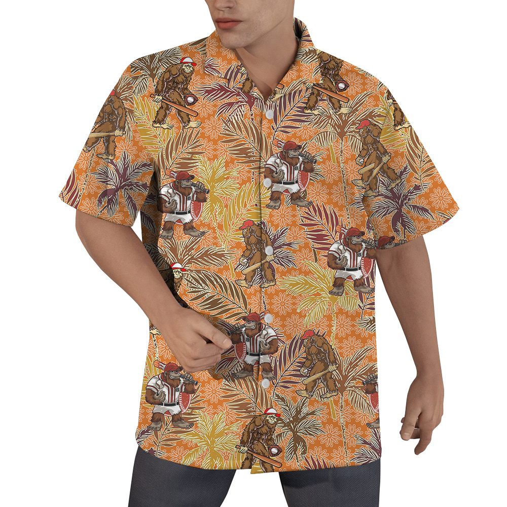 Funny Bigfoot Baseball Tropical Palm Trees Vintage Orange Hawaiian Shirt - variant image 1