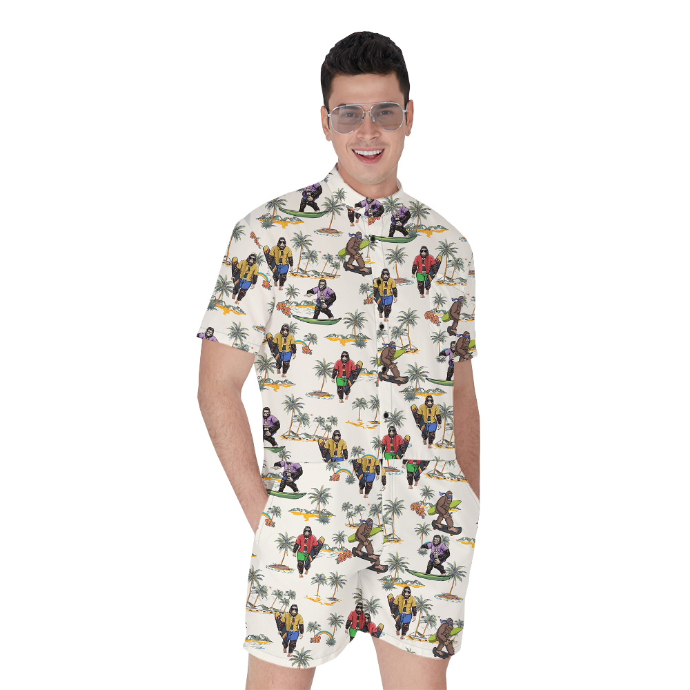 Cool Sasquatch With Surfing Board Tropical Islands Hawaiian Romper For Men - variant image 1