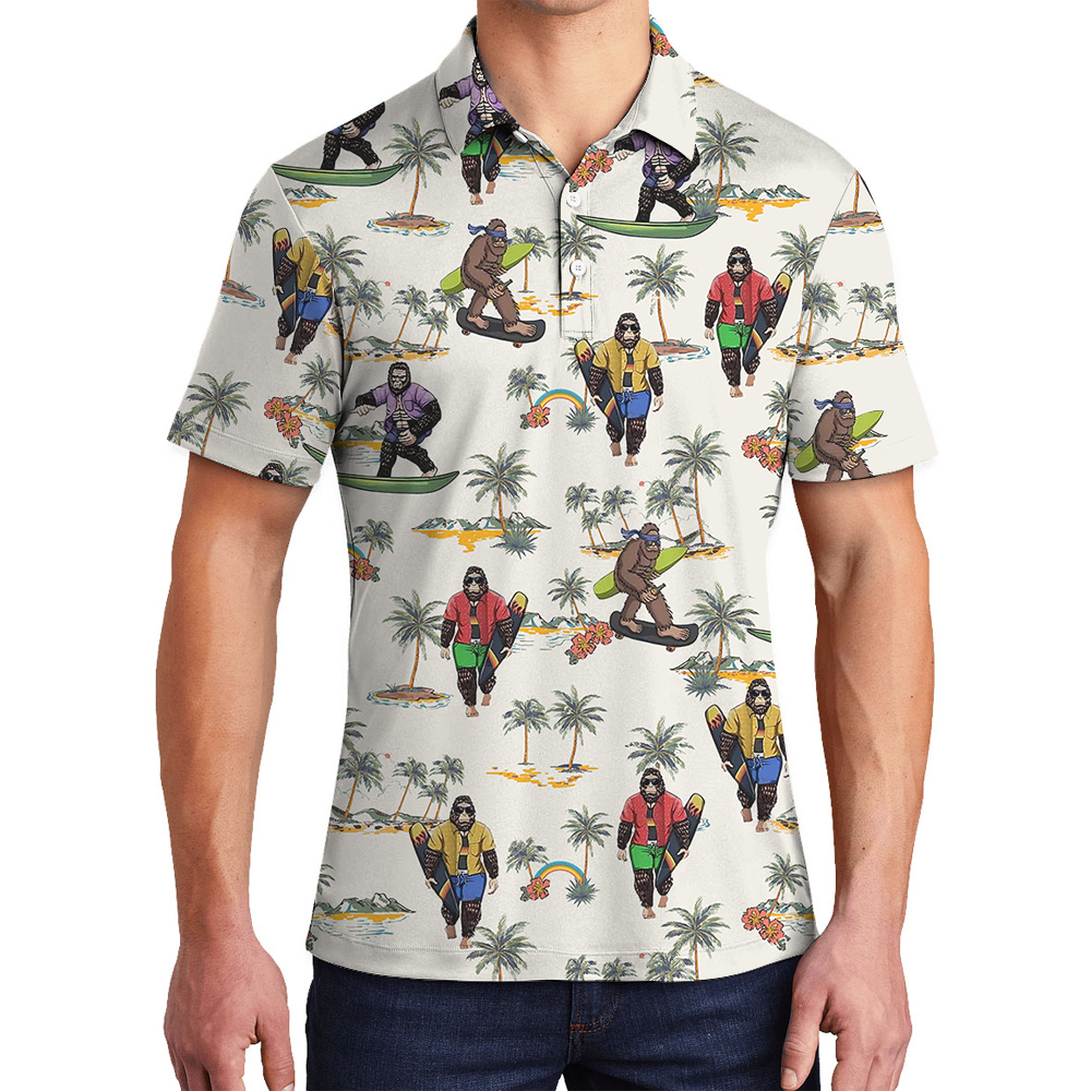 Tropical Islands Bigfoot Surfing Board Hawaiian Polo Shirt - variant image 1