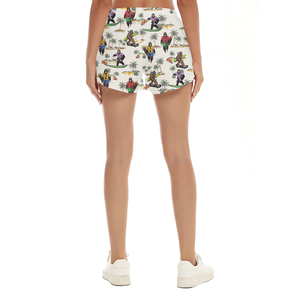 Tropical Palm Trees Surfing Bigfoot Hawaiian Beach Shorts For Women