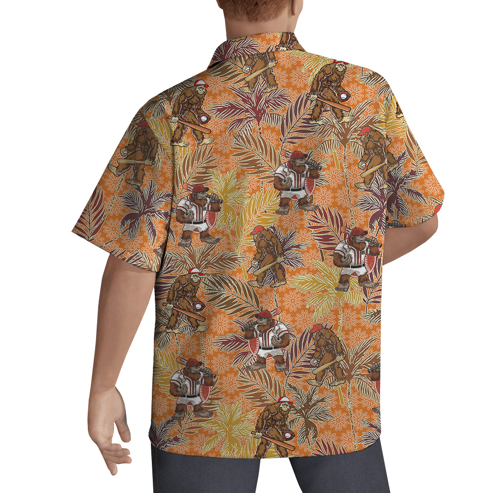 Funny Bigfoot Baseball Tropical Palm Trees Vintage Orange Hawaiian Shirt