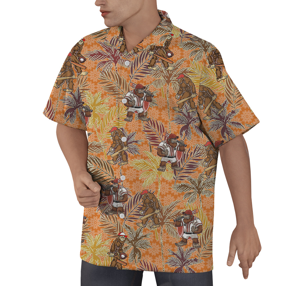 Funny Bigfoot Baseball Tropical Palm Trees Vintage Orange Hawaiian Shirt