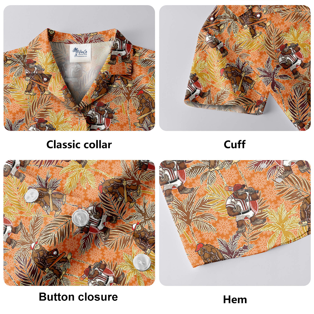 Funny Bigfoot Baseball Tropical Palm Trees Vintage Orange Hawaiian Shirt