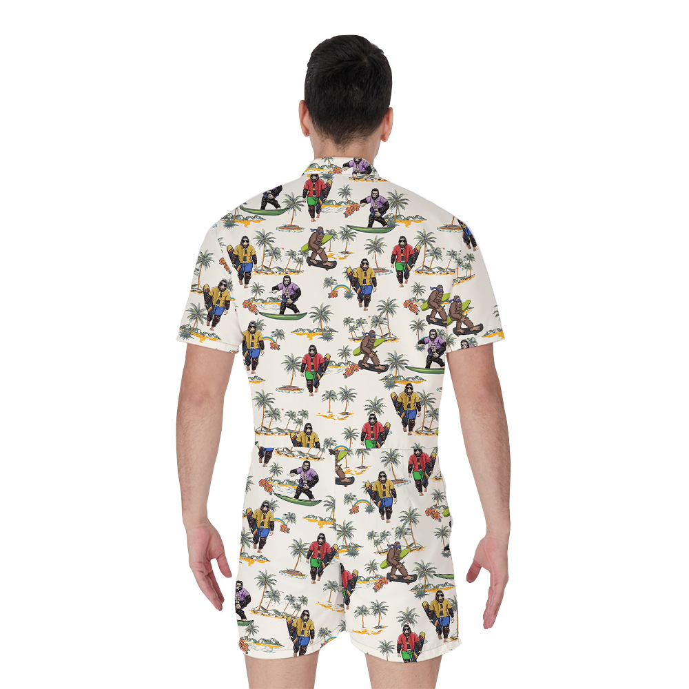 Cool Sasquatch With Surfing Board Tropical Islands Hawaiian Romper For Men