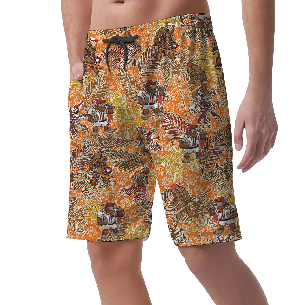 Cool Baseball Bigfoot Tropical Vintage Hawaiian Summer Shorts For Men