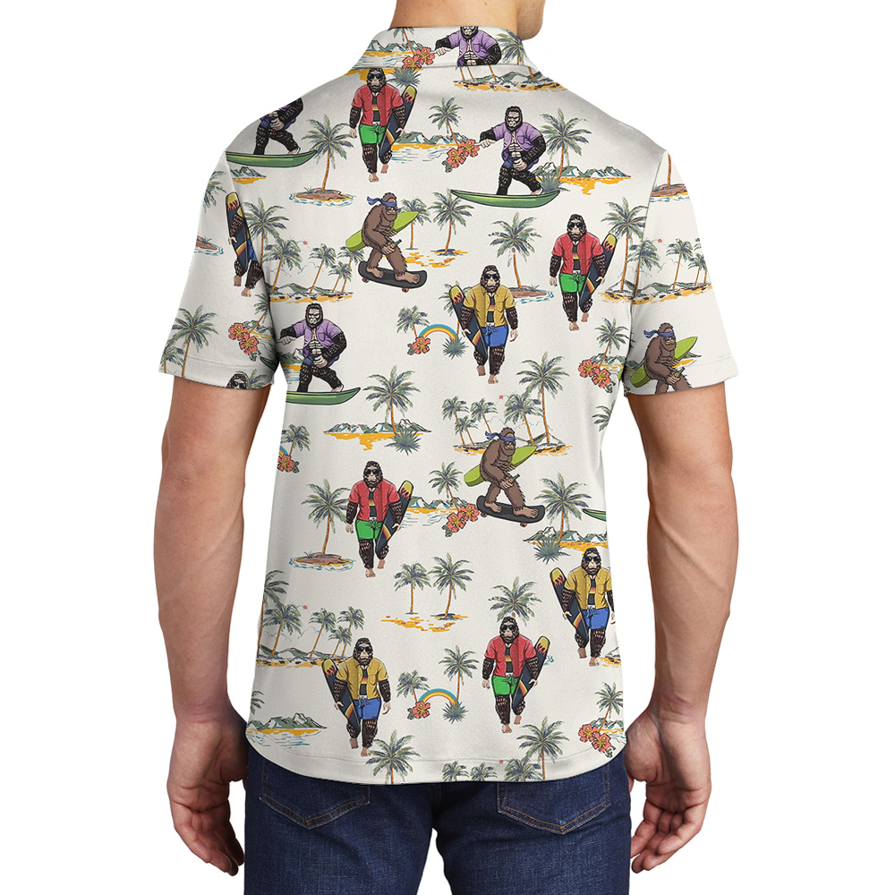 Tropical Islands Bigfoot Surfing Board Hawaiian Polo Shirt