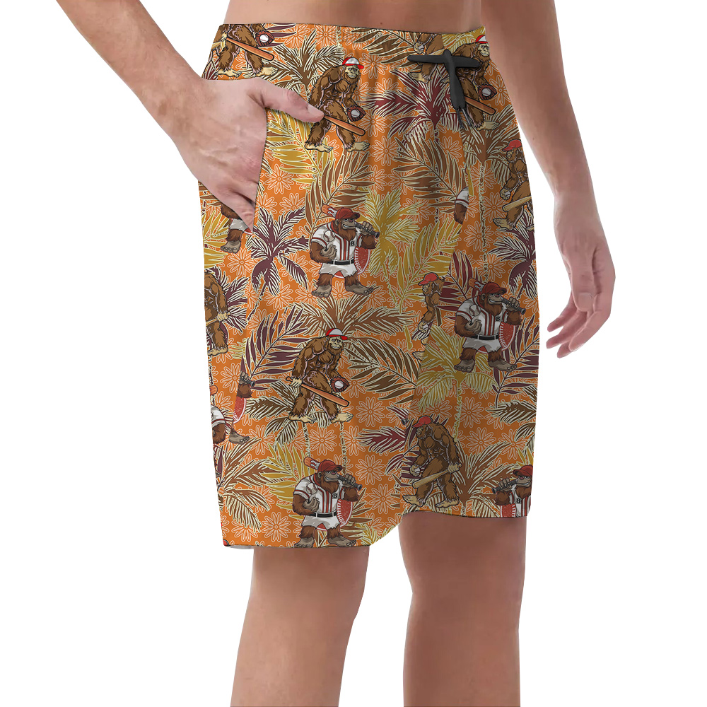 Cool Baseball Bigfoot Tropical Vintage Hawaiian Summer Shorts For Men