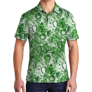 Lucky Shamrock Paradise Hawaiian Polo Shirt for Men