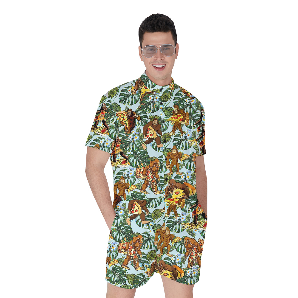 Funny Pizza Sasquatch Tropical Men's Hawaiian Romper - variant image 1