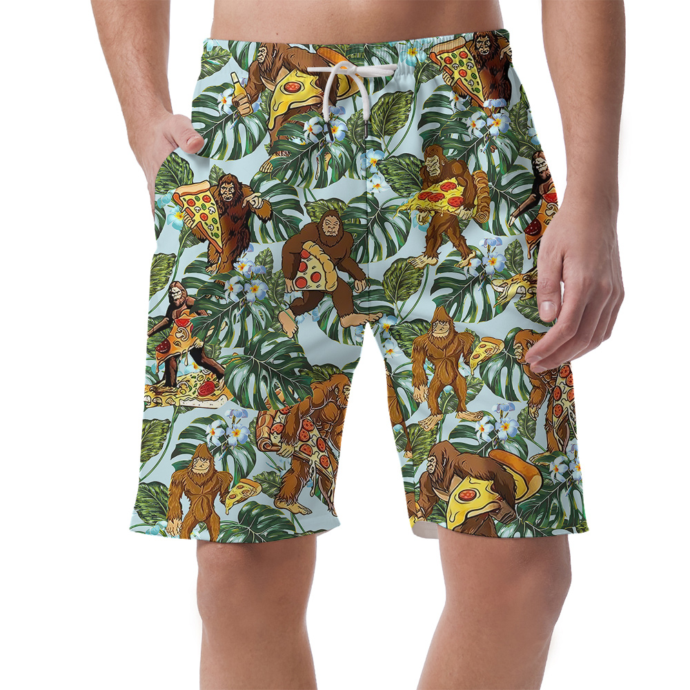 Funny Sasquatch With Pizza Tropical Hawaiian Beach Shorts For Men - variant image 1