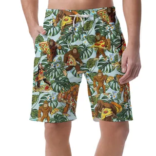 Funny Sasquatch With Pizza Tropical Hawaiian Beach Shorts For Men