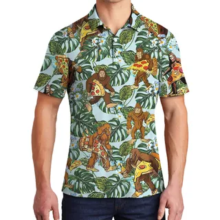 Tropical Pizza Bigfoot Hawaiian Polo Golf Shirt For Men
