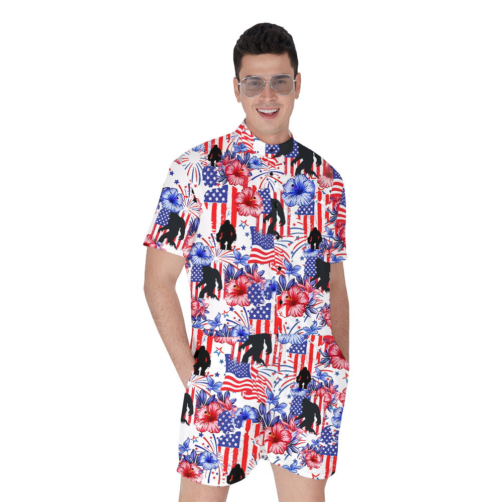 4th Of July Bigfoot Floral Firework Men's Hawaiian Romper - variant image 1
