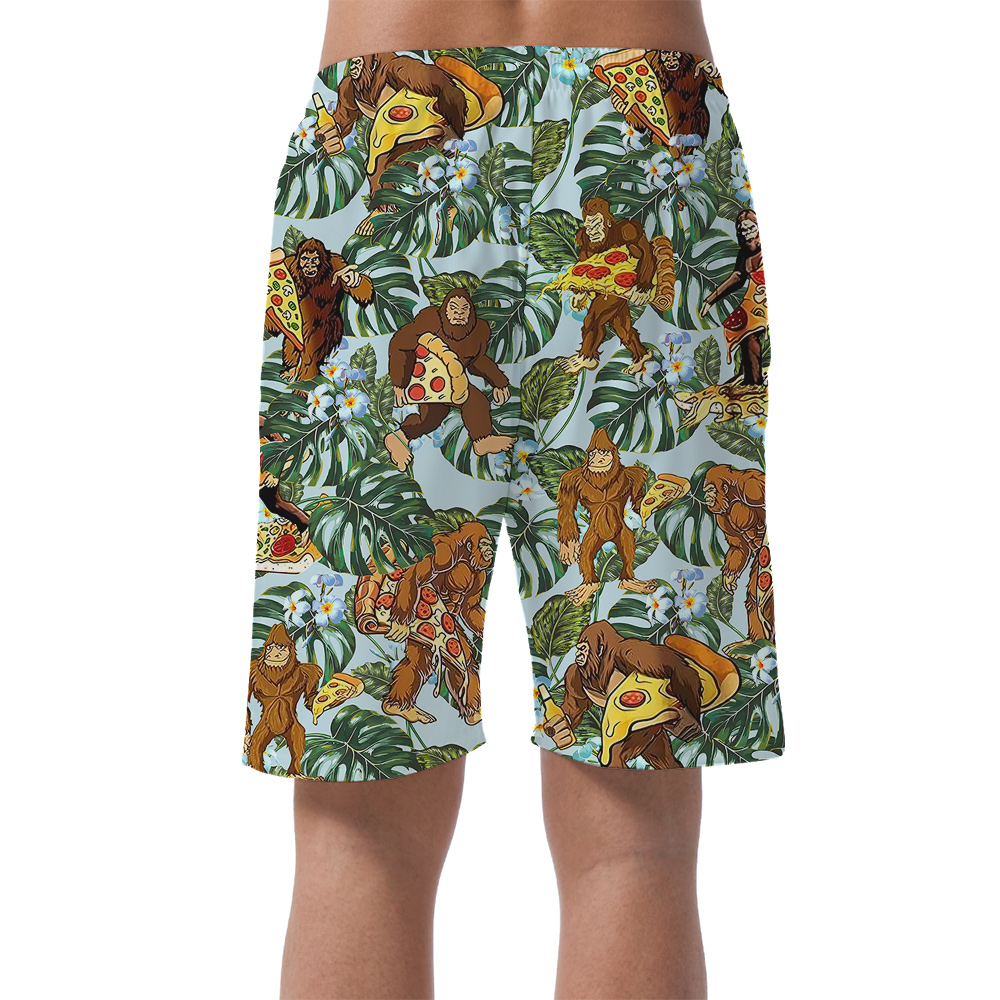 Funny Sasquatch With Pizza Tropical Hawaiian Beach Shorts For Men