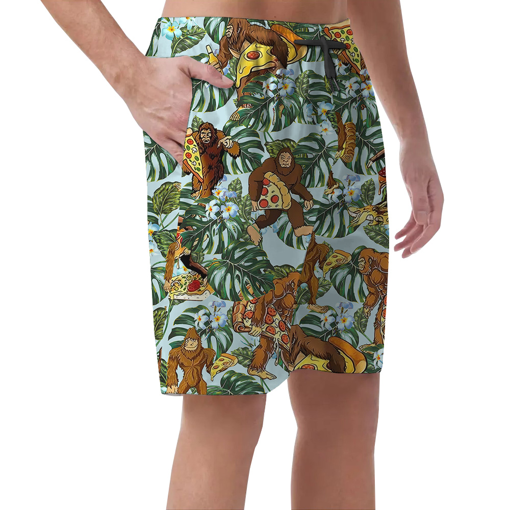 Funny Sasquatch With Pizza Tropical Hawaiian Beach Shorts For Men