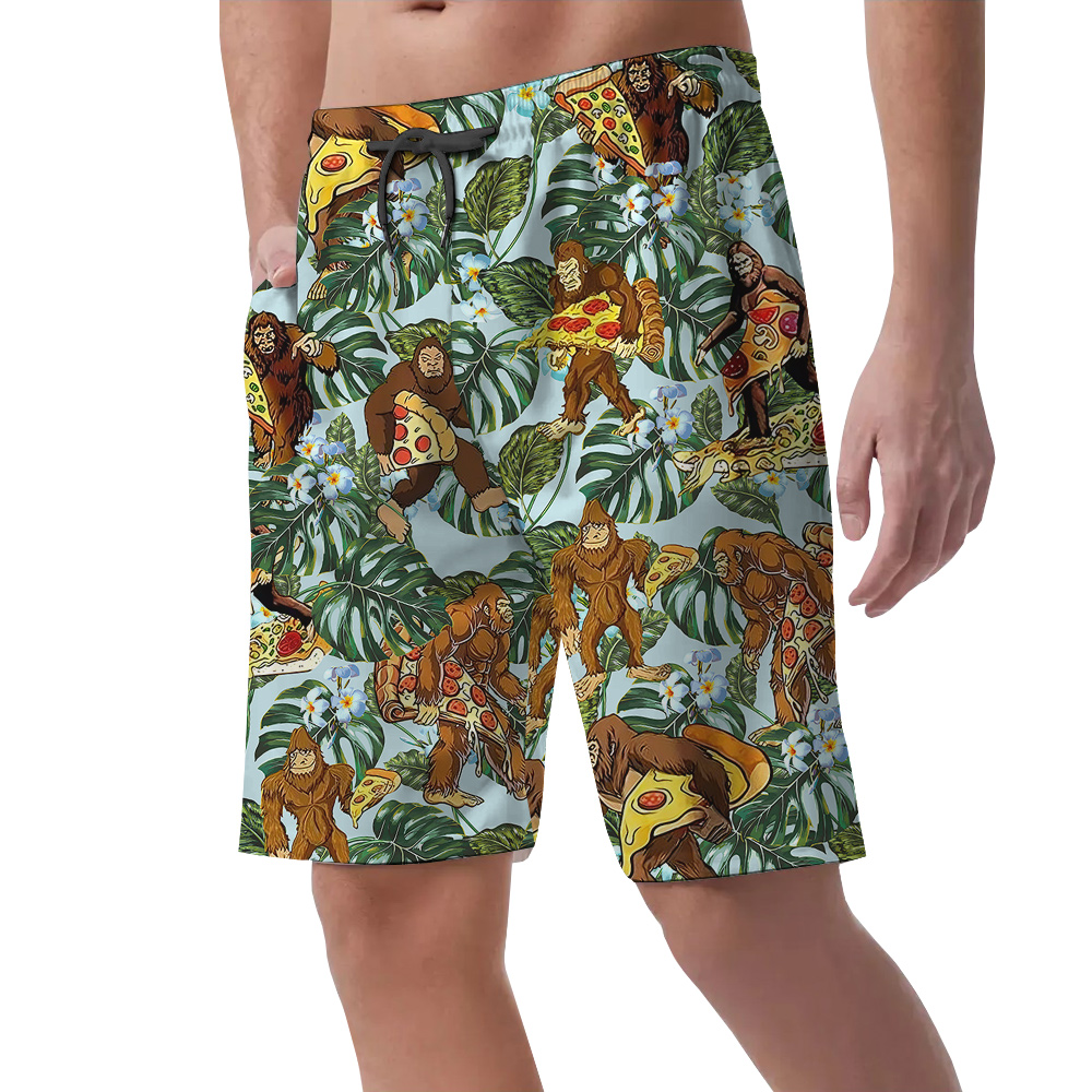 Funny Sasquatch With Pizza Tropical Hawaiian Beach Shorts For Men