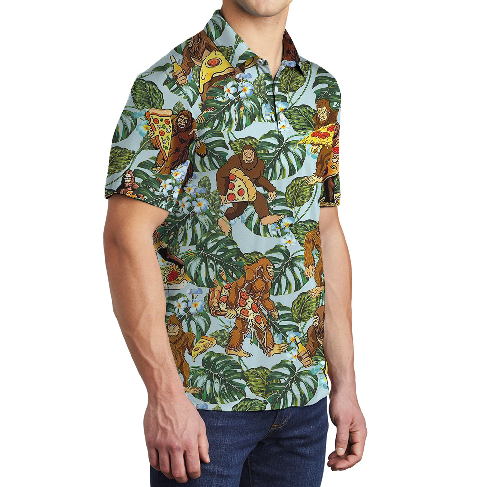 Tropical Pizza Bigfoot Hawaiian Polo Golf Shirt For Men