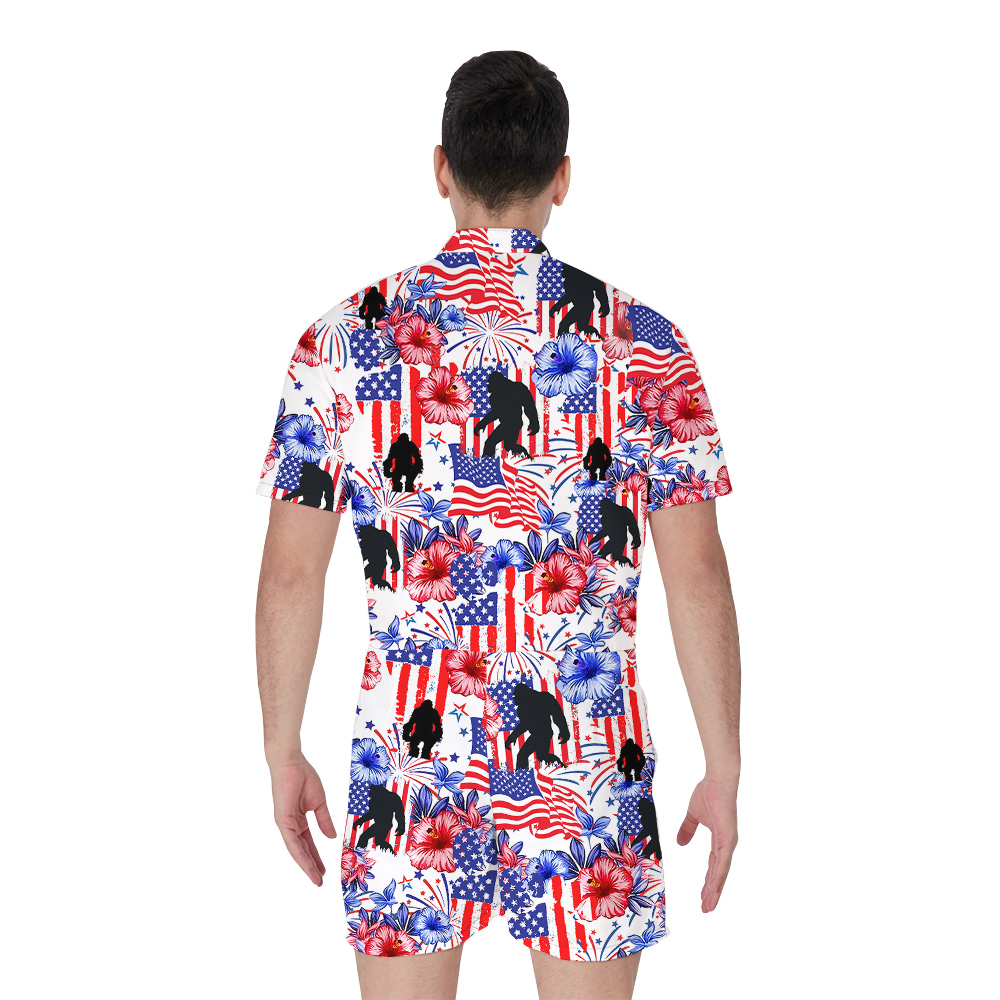 4th Of July Bigfoot Floral Firework Men's Hawaiian Romper