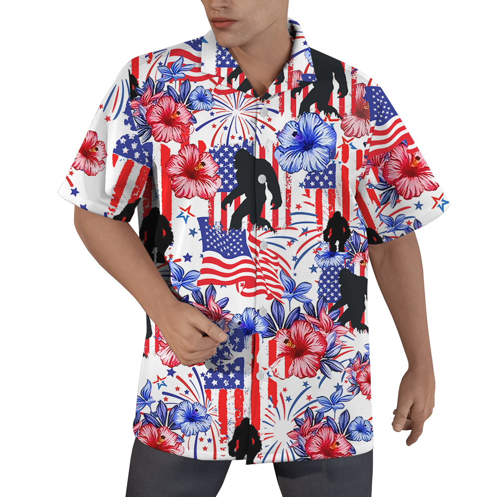 Patriotic Bigfoot American Flag Floral Hawaiian Shirt - variant image 1