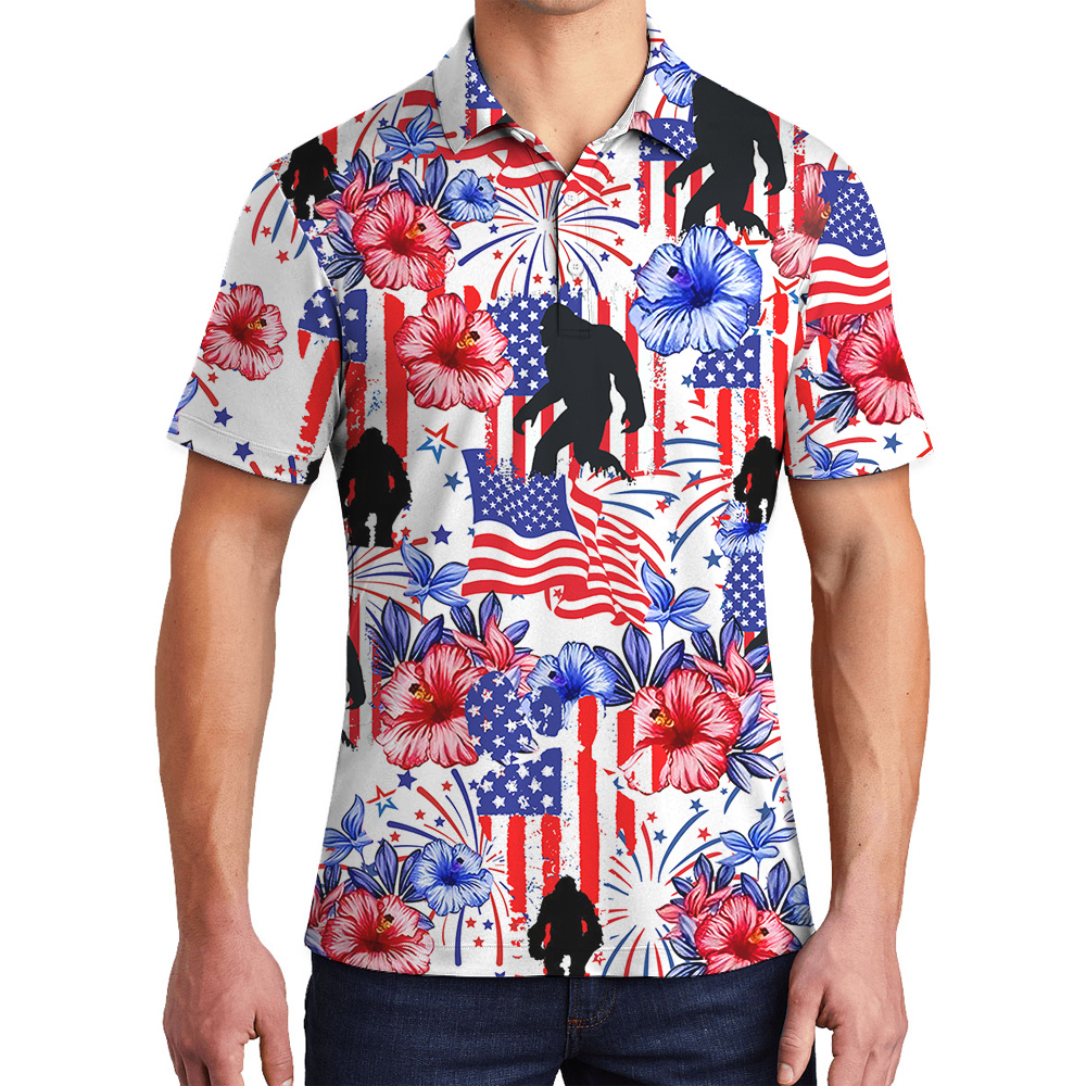 American Flag Bigfoot Hibiscus 4th Of July Hawaiian Polo Shirt - variant image 1
