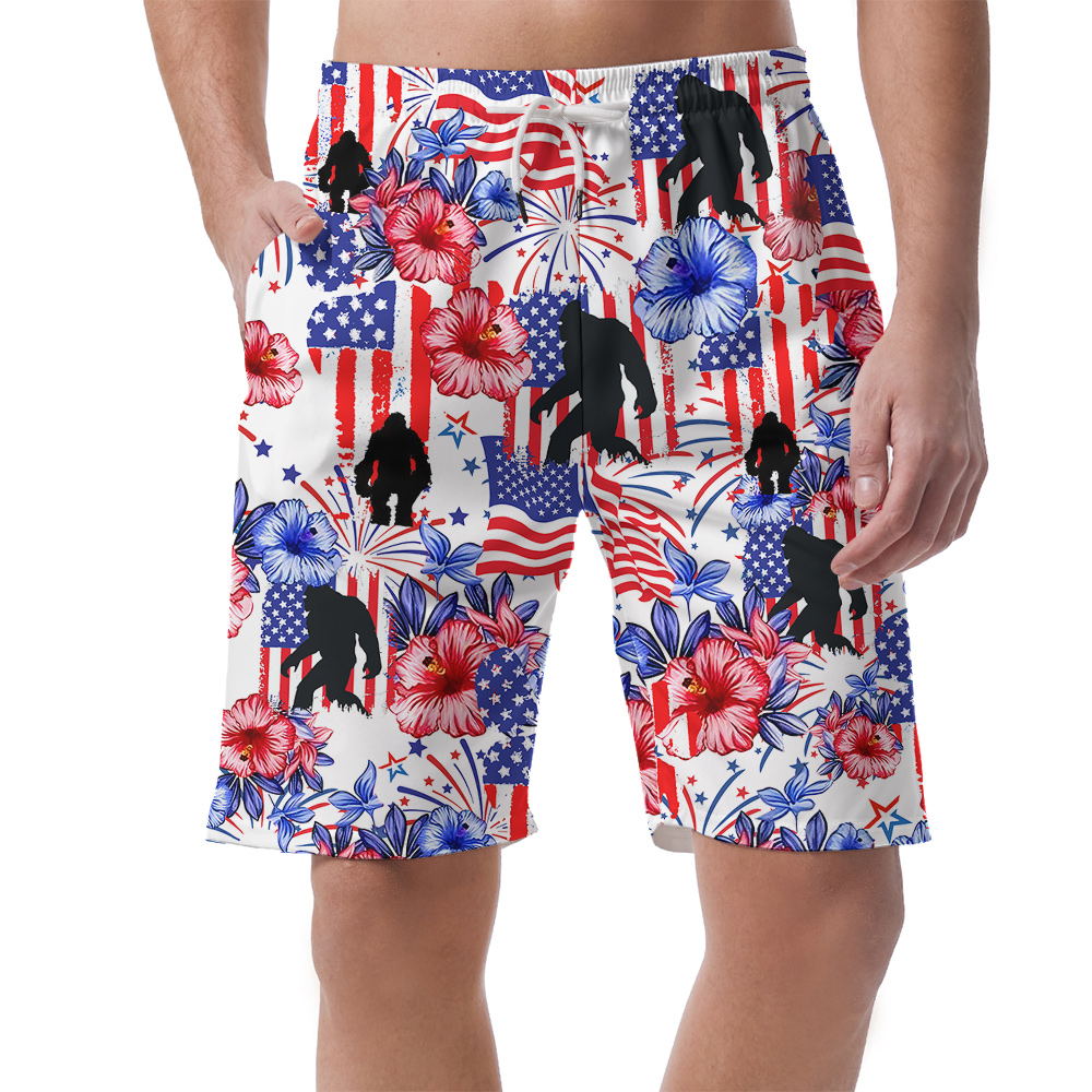 American Flag 4th Of July Hibiscus Bigfoot Hawaiian Beach Shorts For Men - variant image 1