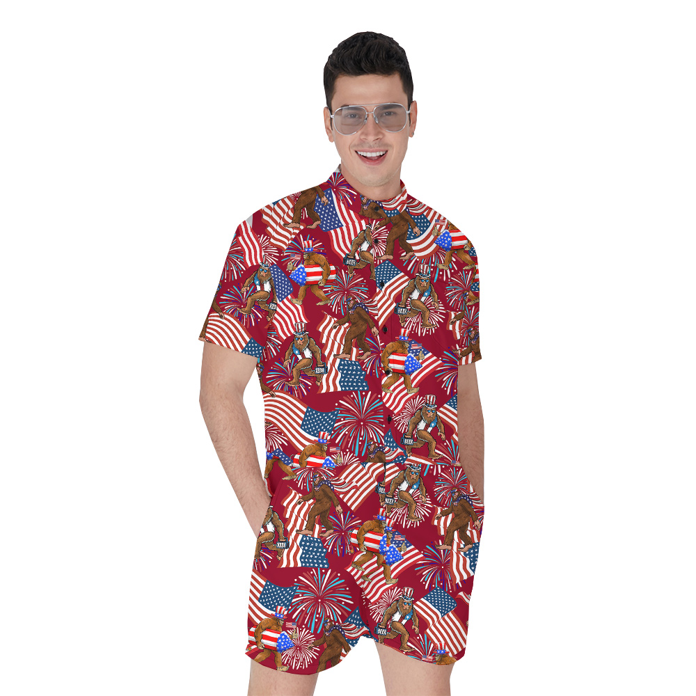 Patriotic Bigfoot With American Flag Men's Hawaiian Romper - variant image 1