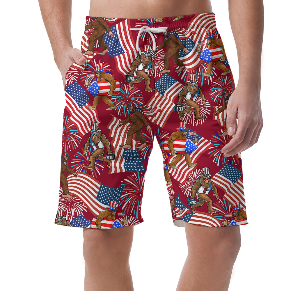 Funny Bigfoot With American Flag 4th Of July Hawaiian Beach Shorts For Men - variant image 1