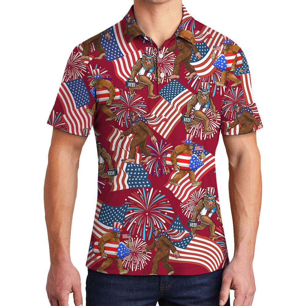 4th Of July Bigfoot American Flag Red Hawaiian Polo Shirt - variant image 1