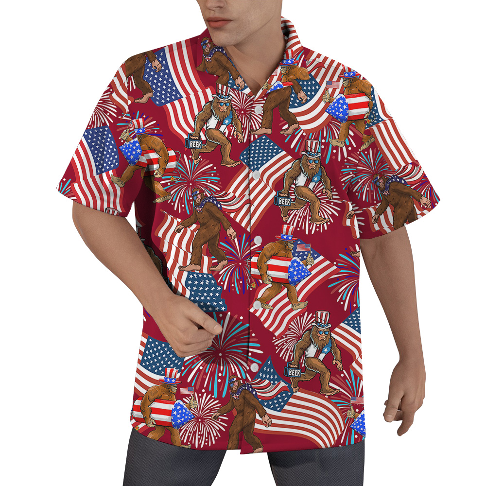 Firework American Flag Bigfoot 4th Of July Red Hawaiian Shirt - variant image 1
