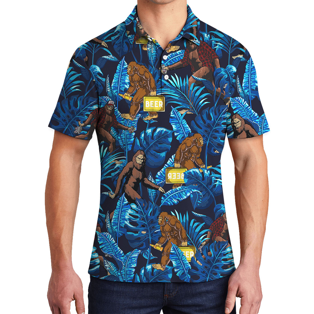 Funny Bigfoot Beer Tropical Blue Hawaiian Polo Golf Shirt - variant image 1