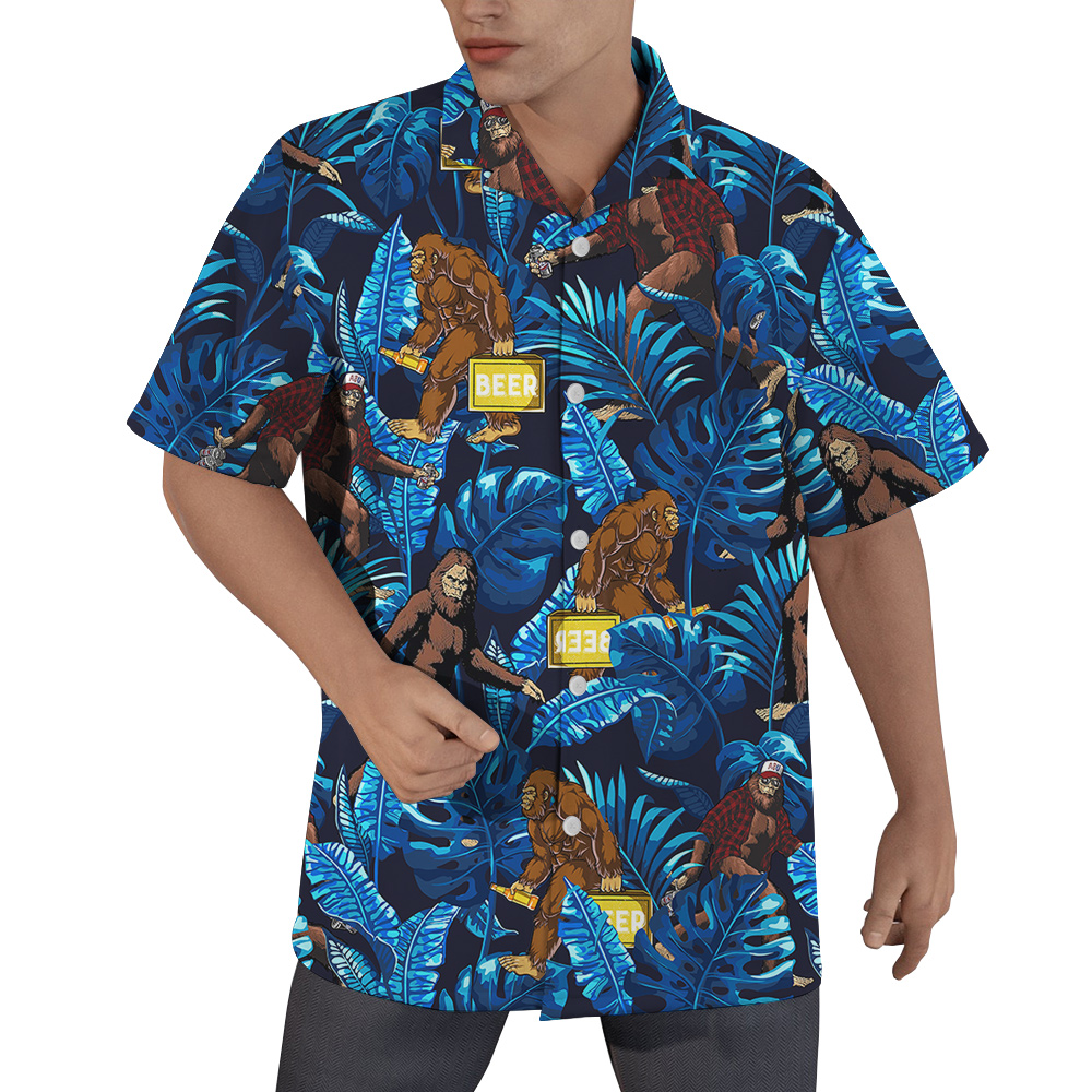 Funny Bigfoot And Beer Tropical Blue Hawaiian Shirt - variant image 1