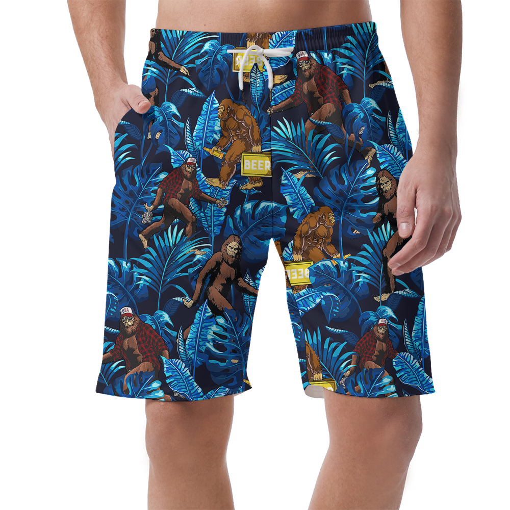 Blue Tropical Leaves Sasquatch Beer Hawaiian Beach Shorts For Men - variant image 1