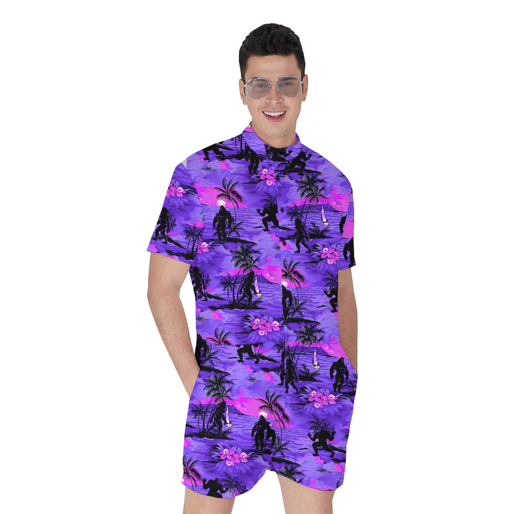 Purple Bigfoot On Beach Tropical Palm Trees Men's Hawaiian Romper - variant image 1