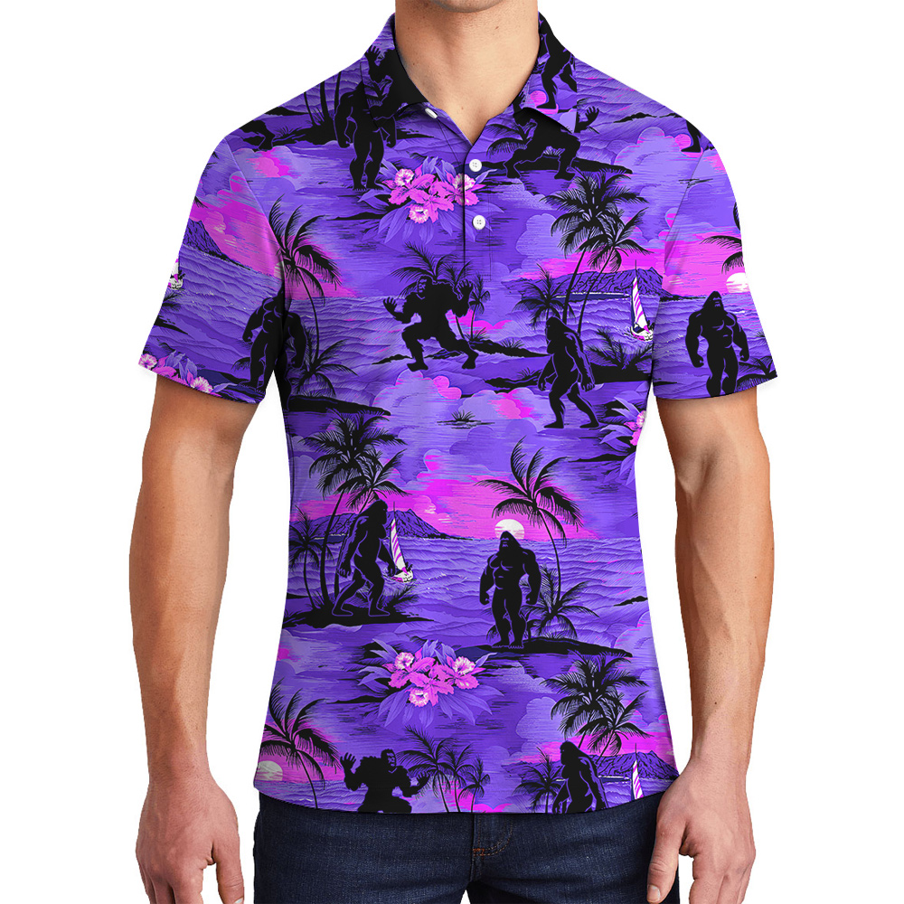 Purple Tropical Sunset Beach Palm Trees Sasquatch Hawaiian Polo Golf Shirt - variant image 1
