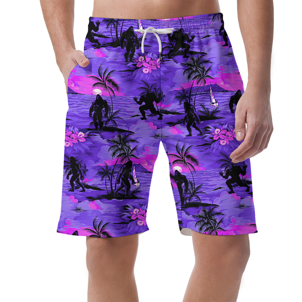 Purple Tropical Palm Trees Beach Theme Bigfoot Hawaiian Summer Shorts - variant image 1