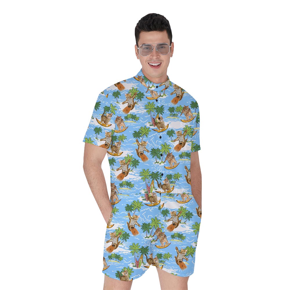 Hawaiian Men's Romper With Meow Pattern - variant image 1