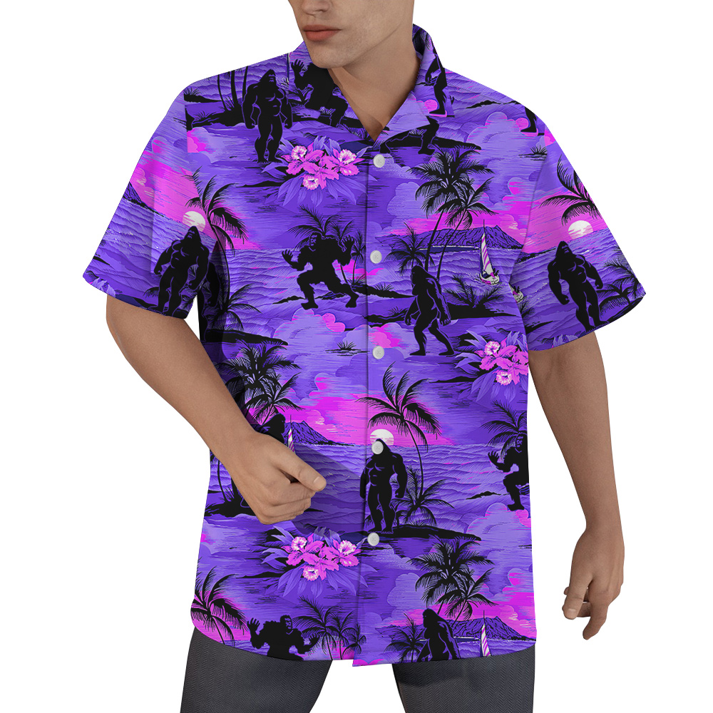 Cool Bigfoot Tropical Sunset Beach Theme Purple Hawaiian Shirt - variant image 1