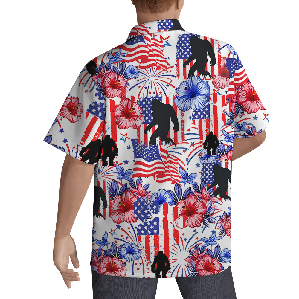Patriotic Bigfoot American Flag Floral Hawaiian Shirt