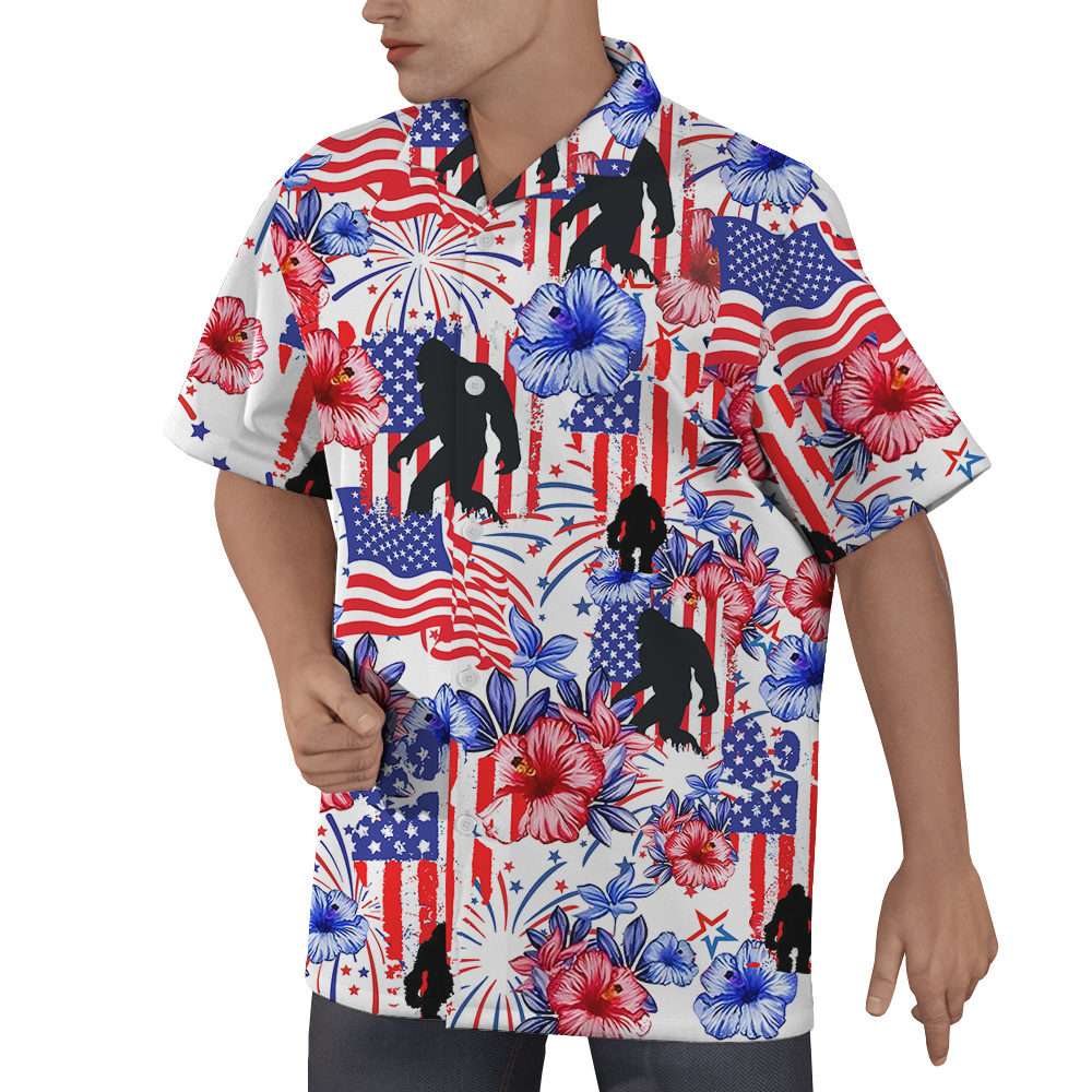 Patriotic Bigfoot American Flag Floral Hawaiian Shirt