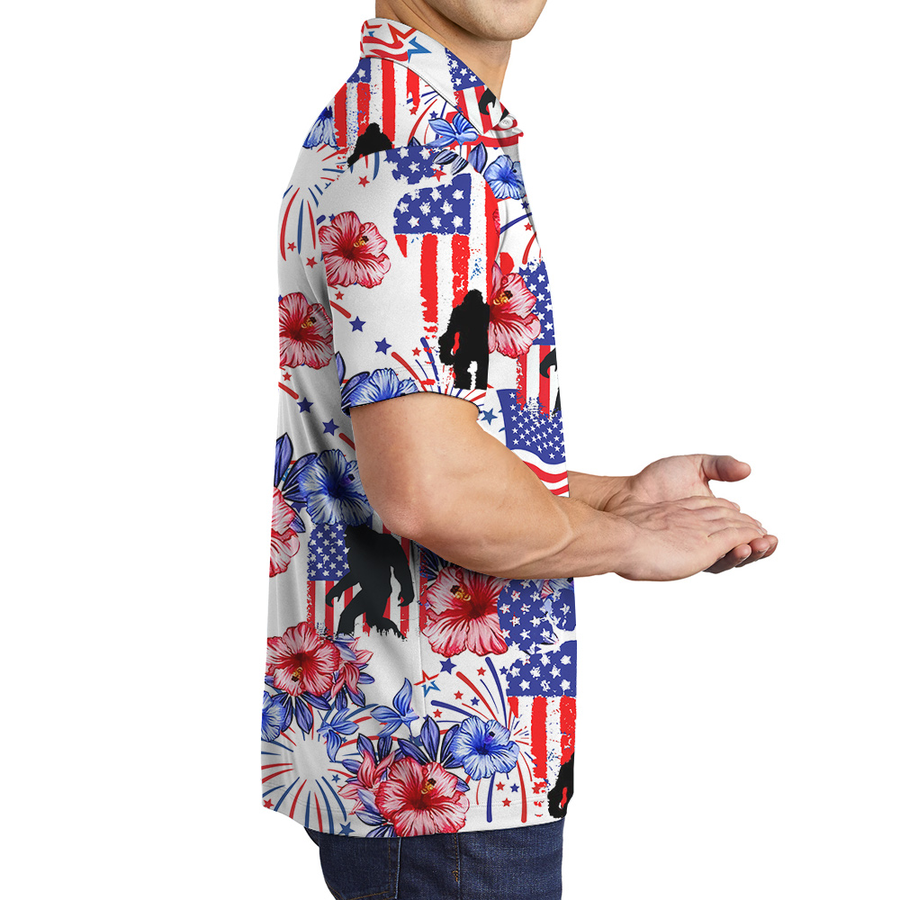 American Flag Bigfoot Hibiscus 4th Of July Hawaiian Polo Shirt