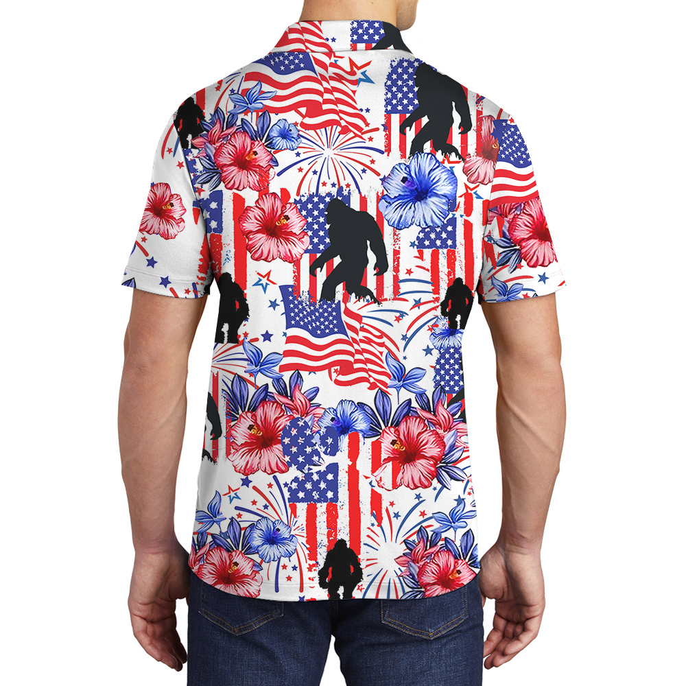American Flag Bigfoot Hibiscus 4th Of July Hawaiian Polo Shirt