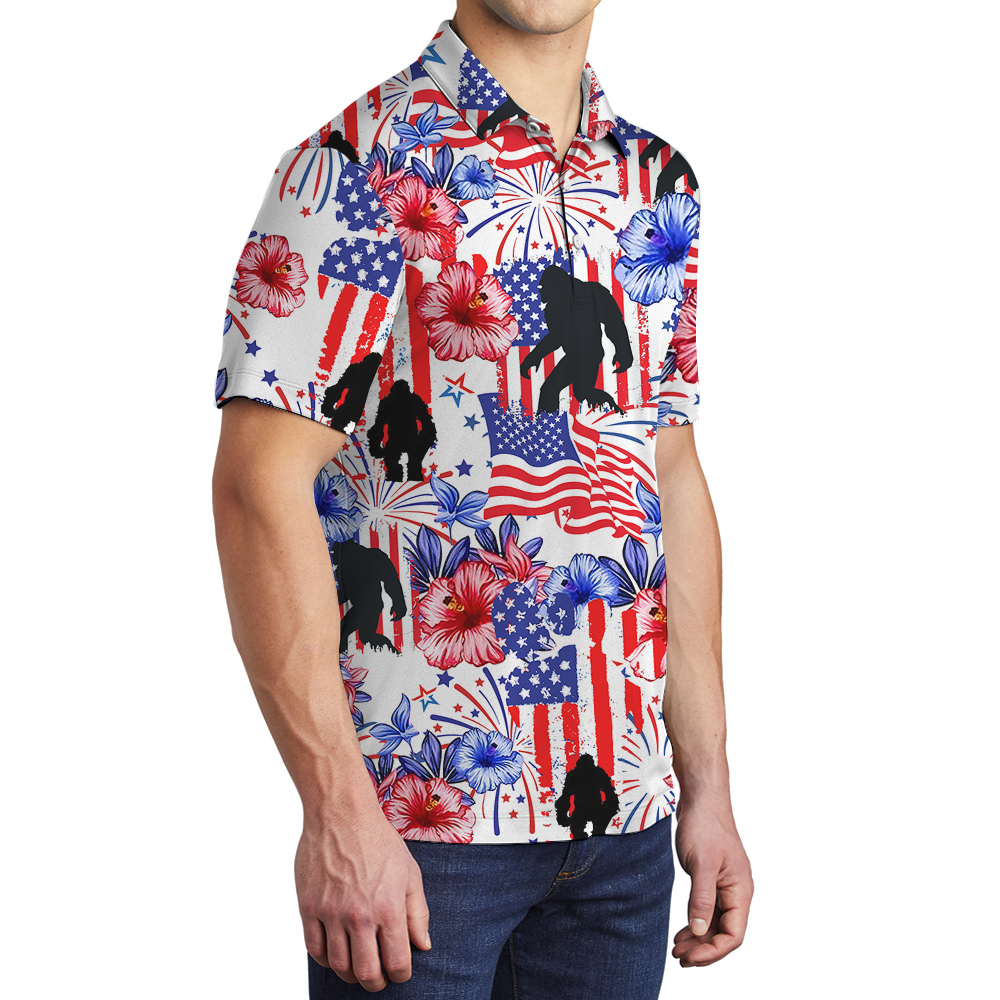 American Flag Bigfoot Hibiscus 4th Of July Hawaiian Polo Shirt