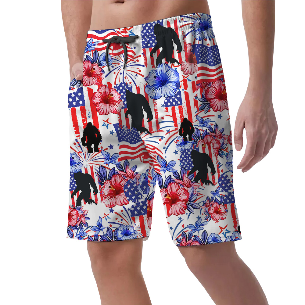 American Flag 4th Of July Hibiscus Bigfoot Hawaiian Beach Shorts For Men